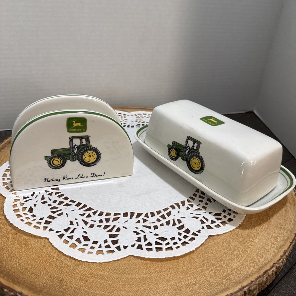 John Deere Gibson Butter Dish Napkin Holder Set Tractor Nothing Runs Deere